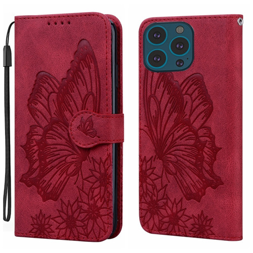 iPhone 15 Pro Max Retro Skin Feel Butterflies Embossing Leather Phone Case - Red