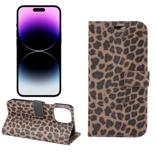 iPhone 15 Pro Max Leopard Pattern Horizontal Flip Leather Phone Case - Brown