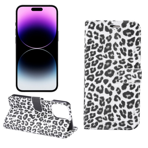 iPhone 15 Pro Max Leopard Pattern Horizontal Flip Leather Phone Case - White