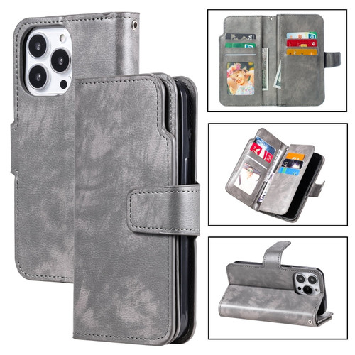 iPhone 15 Pro Max Tri-Fold 9-Card Wallets Leather Phone Case - Grey