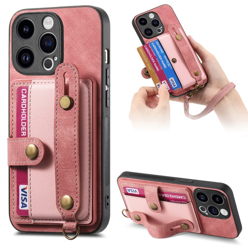 iPhone 15 Pro Max Retro Cross Wristband Wallet Leather Back Phone Case - Pink