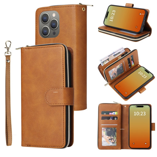 iPhone 15 Pro 9 Card Slots Zipper Wallet Bag Leather Phone Case - Brown