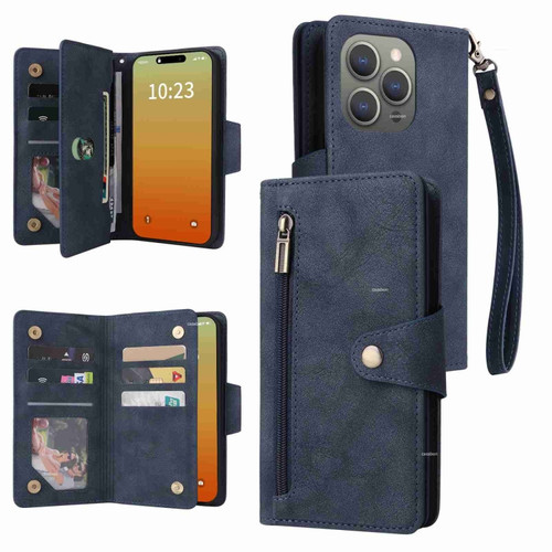 iPhone 15 Pro Rivet Buckle 9 Cards Three Fold Leather Phone Case - Blue