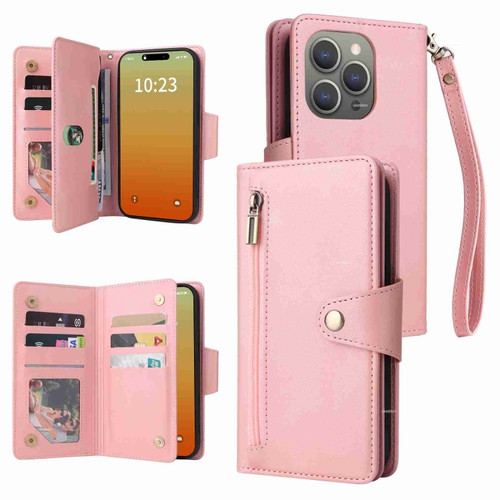 iPhone 15 Pro Rivet Buckle 9 Cards Three Fold Leather Phone Case - Rose Gold