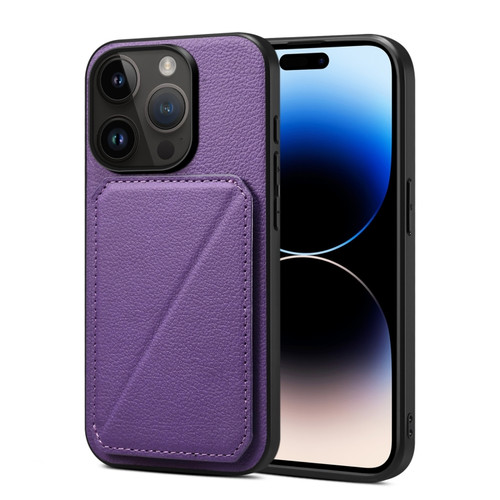 iPhone 15 Pro Imitation Calfskin Leather Back Phone Case with Holder - Purple