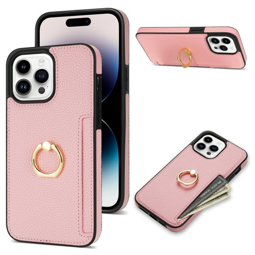 iPhone 15 Pro Ring Card Litchi Leather Back Phone Case - Pink