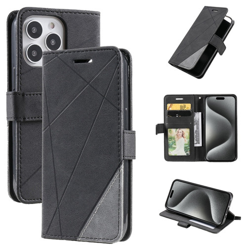 iPhone 15 Pro Skin Feel Splicing Leather Phone Case - Black