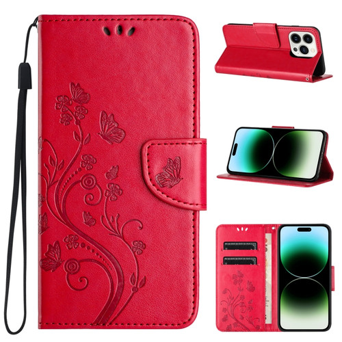 iPhone 15 Pro Butterfly Flower Pattern Flip Leather Phone Case - Red