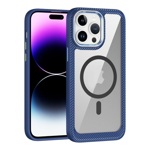 iPhone 15 Pro MagSafe Carbon Fiber Transparent Back Panel Phone Case - Blue