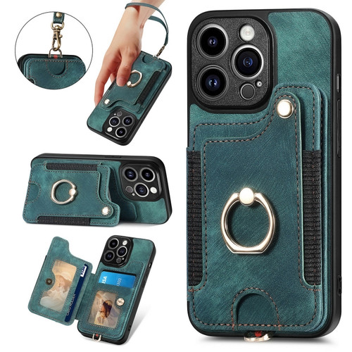 iPhone 15 Pro Retro Skin-feel Ring Multi-card Wallet Phone Case - Green