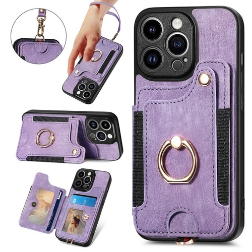 iPhone 15 Pro Retro Skin-feel Ring Multi-card Wallet Phone Case - Purple