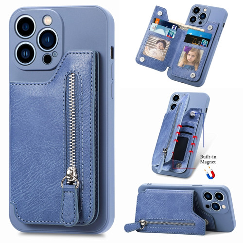 iPhone 15 Pro Zipper Wallet Leather Back Shockproof Phone Case - Blue