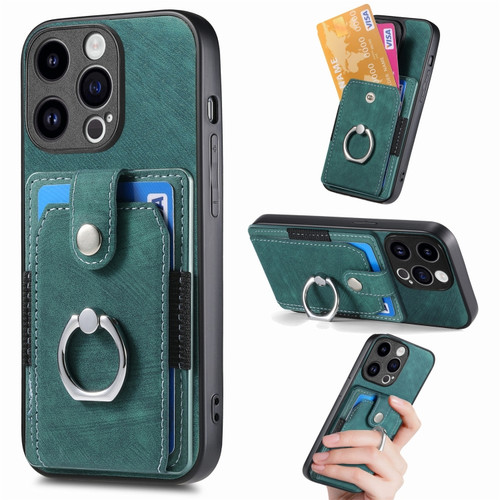 iPhone 15 Pro Retro Skin-feel Ring Card Wallet Phone Case - Green