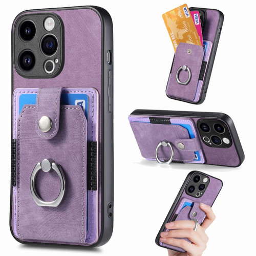 iPhone 15 Pro Retro Skin-feel Ring Card Wallet Phone Case - Purple