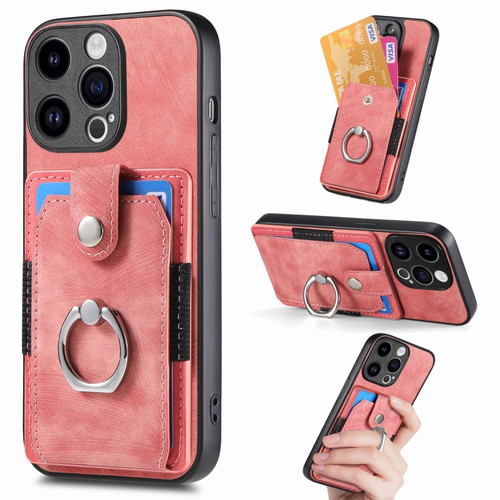iPhone 15 Pro Retro Skin-feel Ring Card Wallet Phone Case - Pink