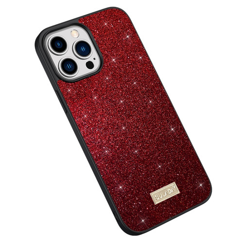 iPhone 15 Pro SULADA Glittery PC + TPU + Handmade Leather Phone Case - Red