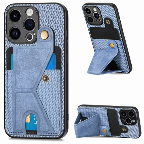 iPhone 15 Pro Carbon Fiber Wallet Flip Card K-shaped Holder Phone Case - Blue