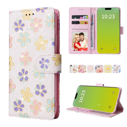 iPhone 15 Bronzing Painting RFID Leather Case - Bloosoming Flower