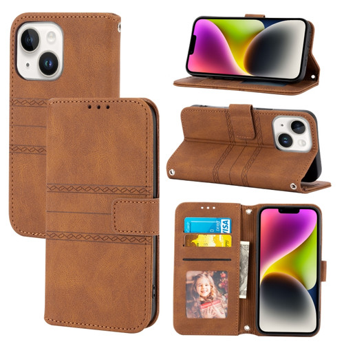 iPhone 15 Embossed Stripes Skin Feel Leather Phone Case - Brown
