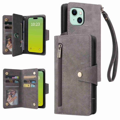 iPhone 15 Rivet Buckle 9 Cards Three Fold Leather Phone Case - Grey