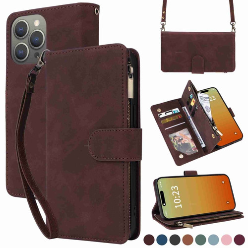 iPhone 15 Pro Crossbody Multi-card Slot Wallet Zipper Leather Phone Case - Coffee