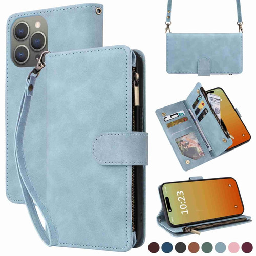 iPhone 15 Pro Crossbody Multi-card Slot Wallet Zipper Leather Phone Case - Light Blue