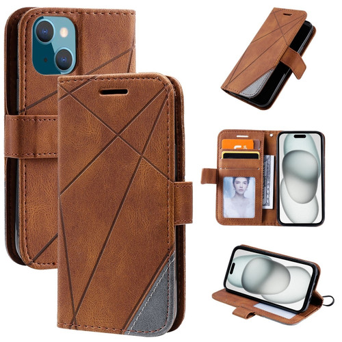 iPhone 15 Skin Feel Splicing Leather Phone Case - Brown