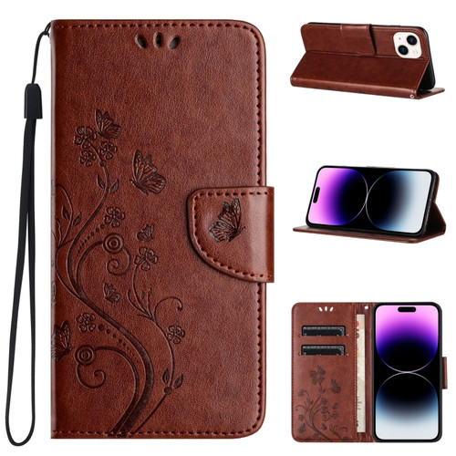 iPhone 15 Butterfly Flower Pattern Flip Leather Phone Case - Brown