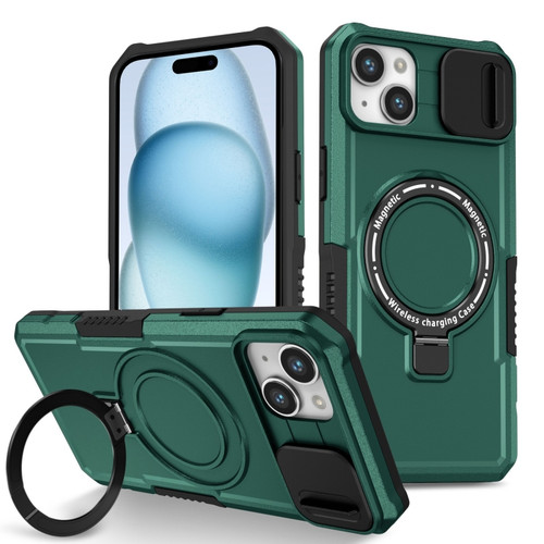 iPhone 15 Sliding Camshield Magsafe Holder TPU Hybrid PC Phone Case - Deep Green