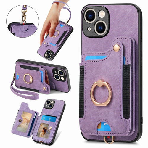 iPhone 15 Retro Skin-feel Ring Multi-card Wallet Phone Case - Purple