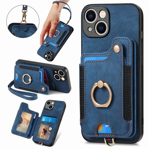 iPhone 15 Retro Skin-feel Ring Multi-card Wallet Phone Case - Blue