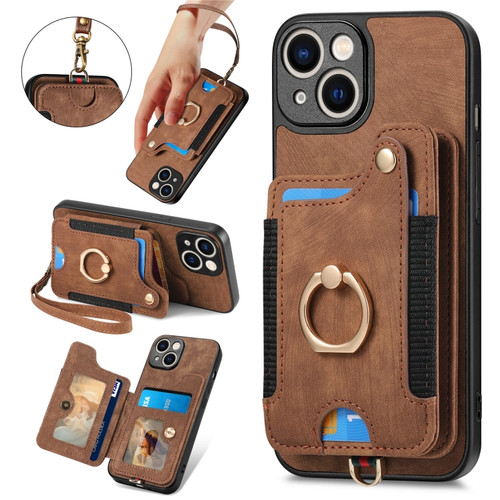 iPhone 15 Retro Skin-feel Ring Multi-card Wallet Phone Case - Brown