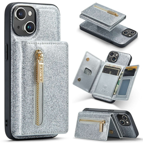 iPhone 15 DG.MING M3 Series Glitter Powder Card Bag Leather Phone Case - Silver