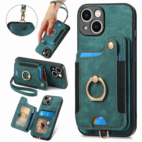 iPhone 15 Retro Skin-feel Ring Multi-card Wallet Phone Case - Green