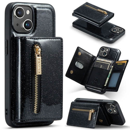 iPhone 15 DG.MING M3 Series Glitter Powder Card Bag Leather Phone Case - Black