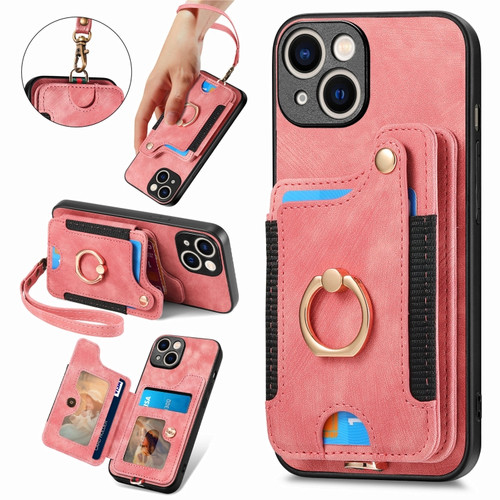iPhone 15 Retro Skin-feel Ring Multi-card Wallet Phone Case - Pink