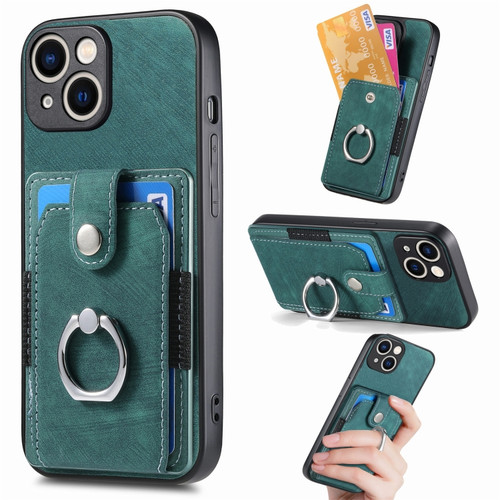 iPhone 15 Retro Skin-feel Ring Card Wallet Phone Case - Green