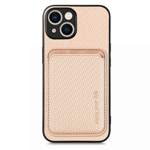 iPhone 15 Carbon Fiber Leather Card Magsafe Phone Case - Khaki
