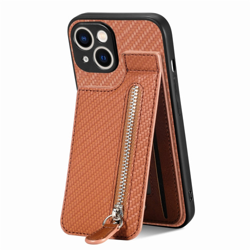 iPhone 15 Carbon Fiber Vertical Flip Zipper Phone Case - Brown