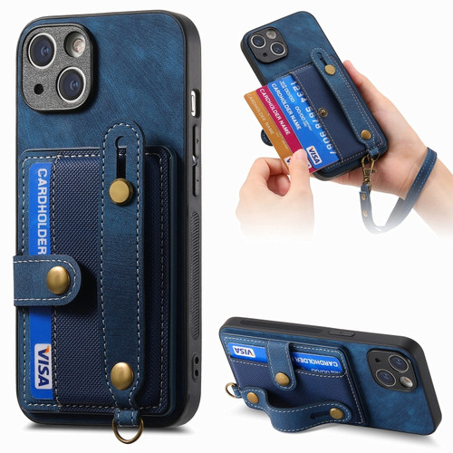 iPhone 15 Retro Cross Wristband Wallet Leather Back Phone Case - Blue