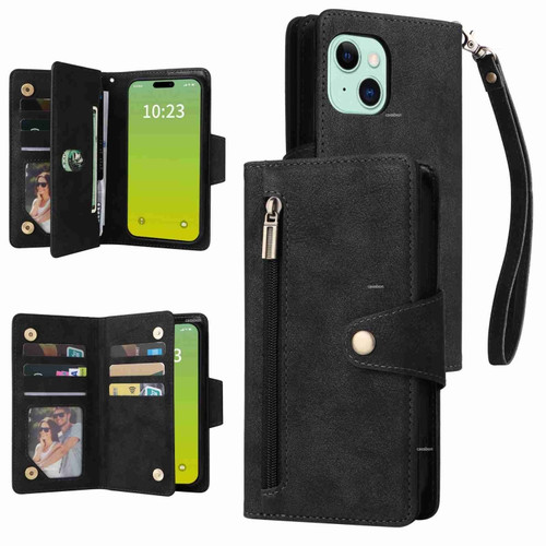 iPhone 15 Plus Rivet Buckle 9 Cards Three Fold Leather Phone Case - Black