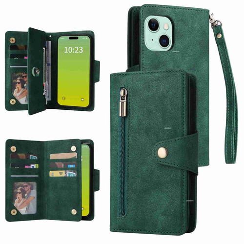iPhone 15 Plus Rivet Buckle 9 Cards Three Fold Leather Phone Case - Green