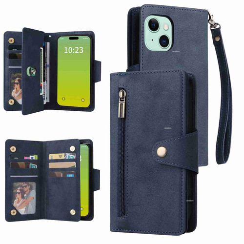 iPhone 15 Plus Rivet Buckle 9 Cards Three Fold Leather Phone Case - Blue
