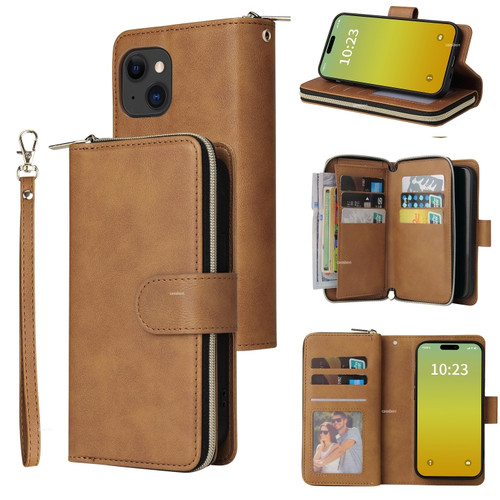 iPhone 15 Plus 9 Card Slots Zipper Wallet Bag Leather Phone Case - Brown