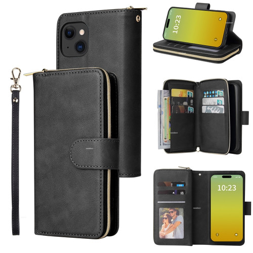 iPhone 15 Plus 9 Card Slots Zipper Wallet Bag Leather Phone Case - Black