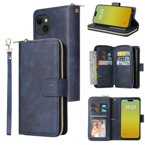 iPhone 15 Plus 9 Card Slots Zipper Wallet Bag Leather Phone Case - Blue