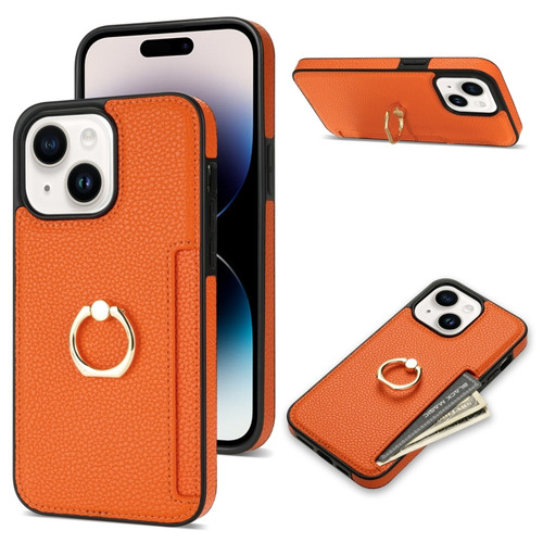 iPhone 15 Plus Ring Card Litchi Leather Back Phone Case - Orange