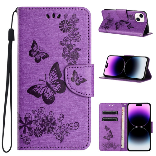 iPhone 15 Plus Butterfly Embossed Flip Leather Phone Case - Purple