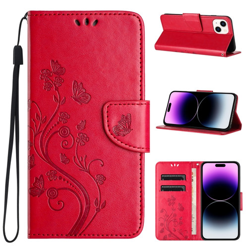 iPhone 15 Plus Butterfly Flower Pattern Flip Leather Phone Case - Red