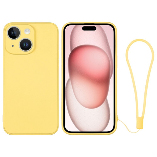 iPhone 15 Plus Silicone Phone Case with Wrist Strap - Yellow